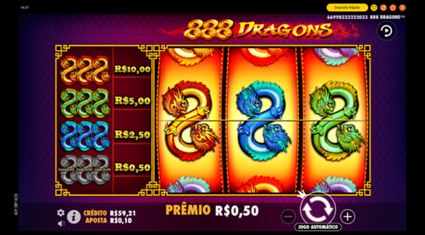 Combina&ccedil;&atilde;o vencedora no slot 888 Dragons. 